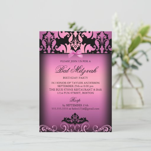 Pink Elegant Damask Bat Mitzvah Party Invitation | Zazzle