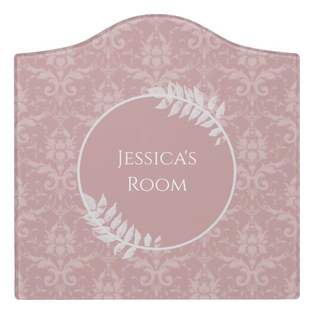 Pink Elegant Damask Personalized Door Sign (Large Crest Front)