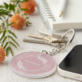 Pink Elegant Damask Personalized Keychain