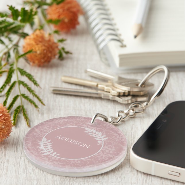 Pink Elegant Damask Personalized Keychain (Front Right)