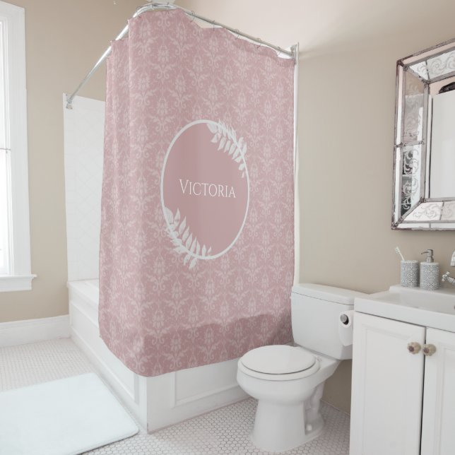 Pink Elegant Damask Personalized Shower Curtain (In Situ)