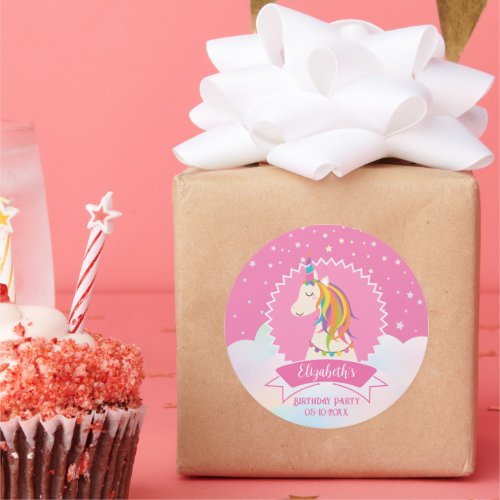 Pink Elegant Dreamy Magical Unicorn Girl Birthday Classic Round Sticker