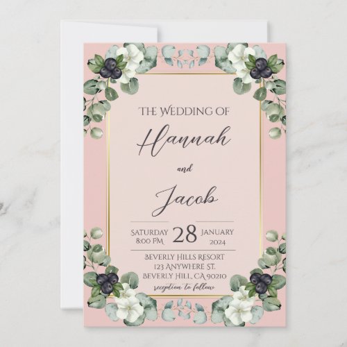 Pink Elegant Eucalyptus and Berries Wedding Invitation