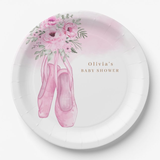 Pink Elegant Floral Ballerina Shoes Baby Shower  Paper Plates (Front)