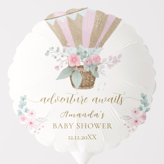 Pink Elegant Floral Hot Air Balloon Baby Shower  (Front)