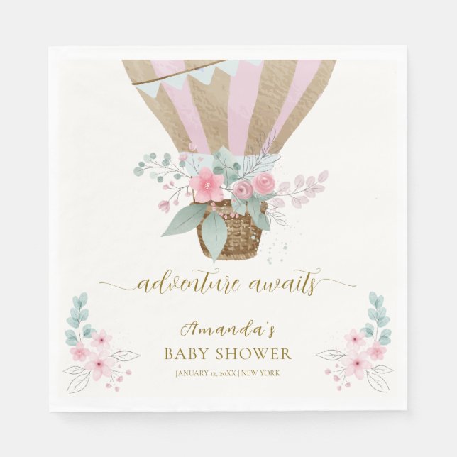 Pink Elegant Floral Hot Air Balloon Baby Shower  Napkins (Front)