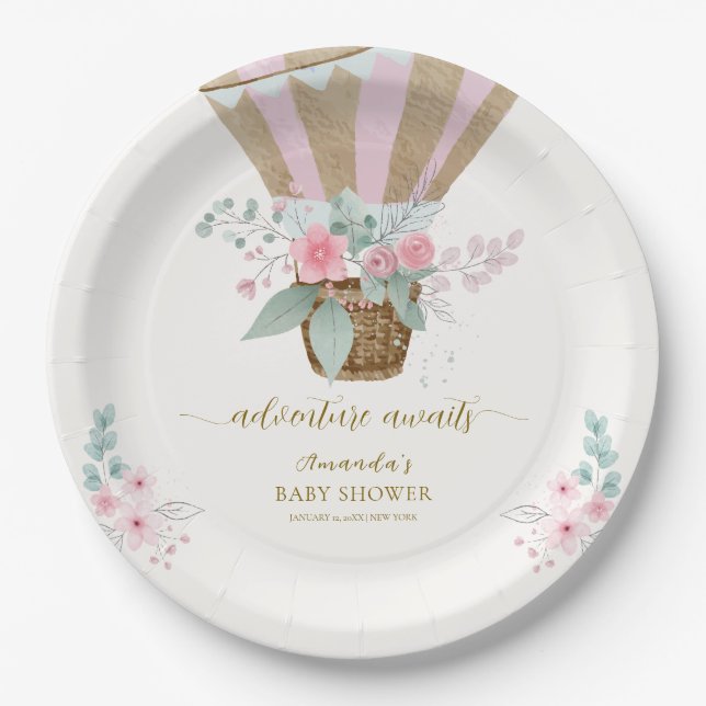 Pink Elegant Floral Hot Air Balloon Baby Shower  Paper Plates (Front)