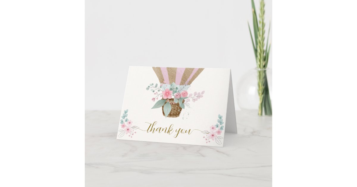Pink Elegant Floral Hot Air Balloon Baby Shower Thank You Card | Zazzle