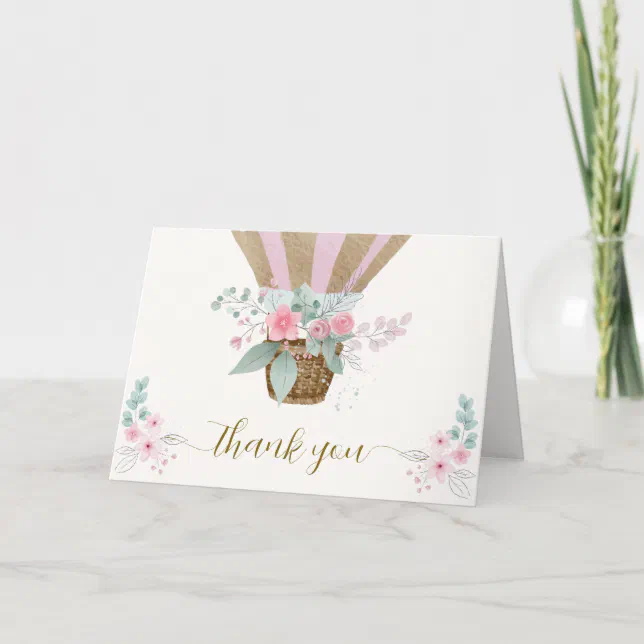 Pink Elegant Floral Hot Air Balloon Baby Shower Thank You Card | Zazzle