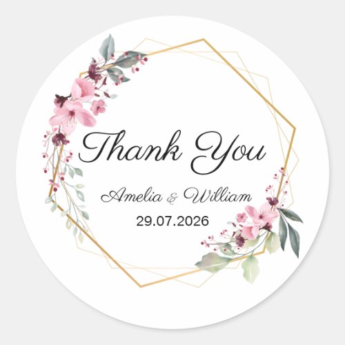 Pink Elegant Floral Thank You Wedding Sticker