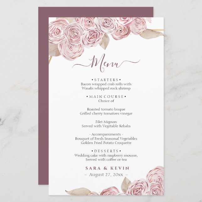 Pink Elegant Floral Vanilla Wedding Menu (Front/Back)