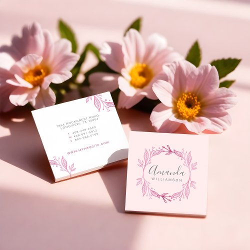 Pink Elegant Floral Watercolor Botanical Crest Square Business Card