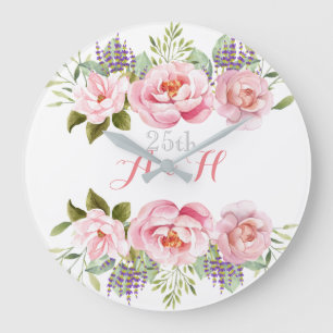 Pink Elegant Floral Wreath Monogram Wedding 25th Large Clock