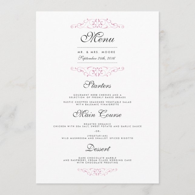 Pink Elegant Flourish Wedding Dinner Menu (Front)