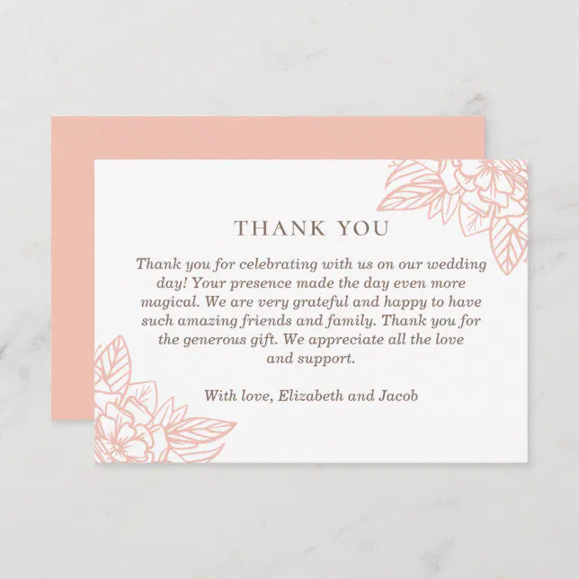 Pink elegant flowers. Blush simple floral wedding Thank You Card | Zazzle