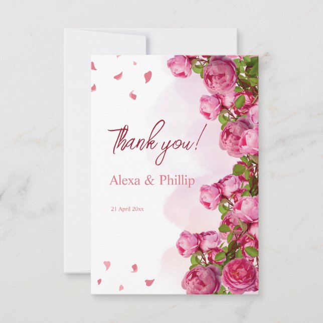 Pink Elegant Flowers Wedding Thank You Card (Front)