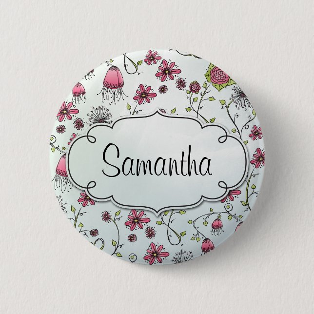 Pink Elegant flowers with frame for name Pinback Button (Front)