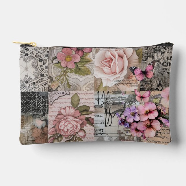 Pink Elegant Girly Floral Abstract Collage Accessory Pouch (Front)