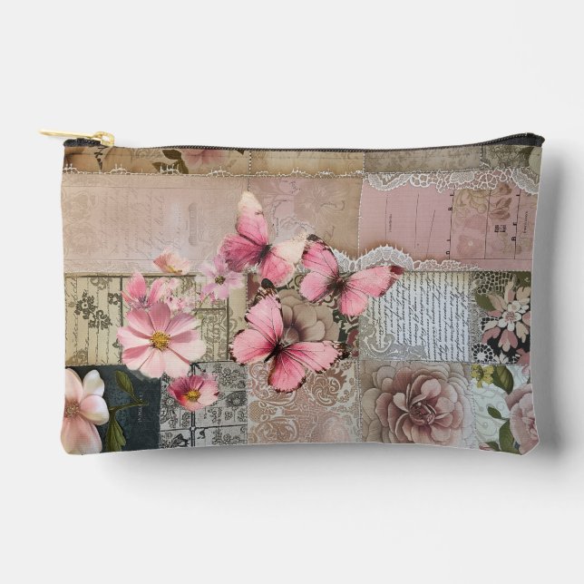 Pink Elegant Girly Floral Abstract Collage Accessory Pouch (Front)