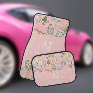 Pink elegant girly monogram name personalized car floor mat
