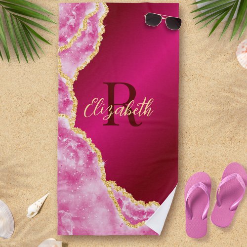 Pink Elegant Girly Monogrammed Custom Name Summer Beach Towel