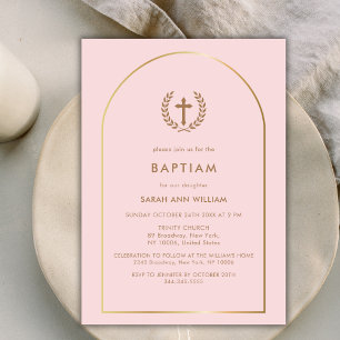 Pink Elegant Gold Arch Wreath Cross Baptism Invitation