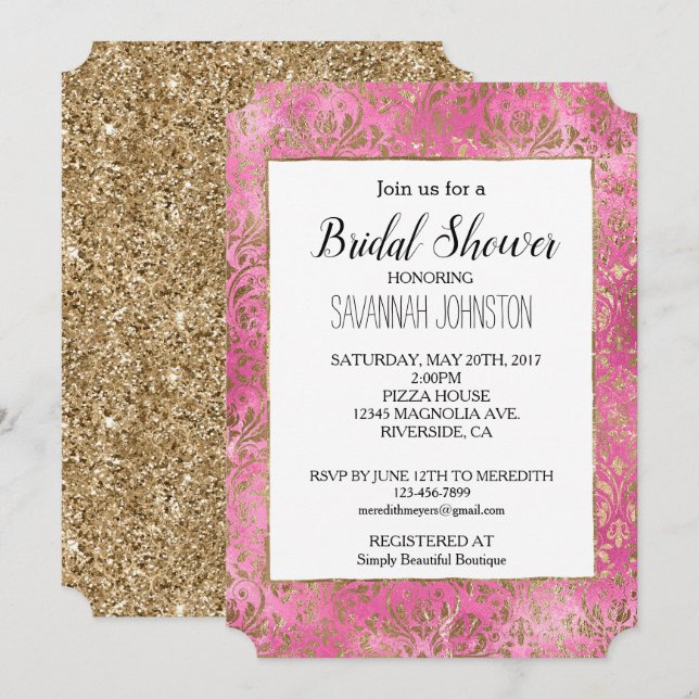 Pink Elegant Gold Damask Bridal Shower Invitation (Front/Back)