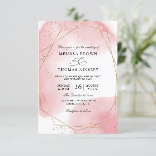 Pink Elegant Gold Polygon Budget QR Code Wedding Invitation