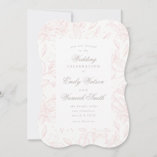 Pink Elegant Hand Drawn Floral Wedding Invitation (Front)