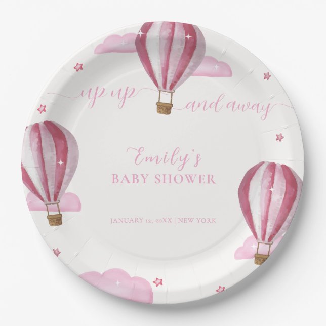 Pink Elegant Hot Air Balloon Girl Baby Shower  Paper Plates (Front)