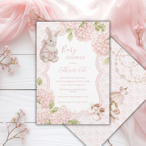Pink Elegant Hydrangea Vintage Bunny Baby Invitation
