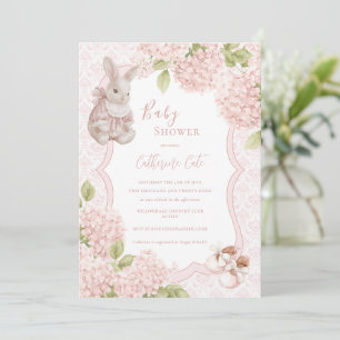 Pink Elegant Hydrangea Vintage Bunny Baby Invitation