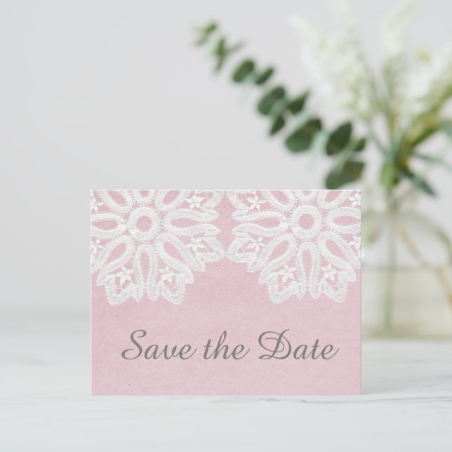 Pink Elegant Lace Save the Date Postcard (Standing Front)