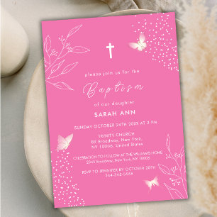 Pink Elegant Leaves Butterfly Cross Baptism Invitation