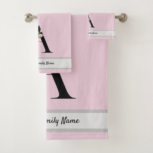 Pink elegant letter watercolor flowers  bath towel set