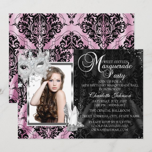 Pink Elegant Mask Heels Masquerade Photo Sweet16 Invitation (Front/Back)