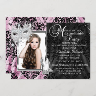 Pink Elegant Mask Heels Masquerade Photo Sweet16 Invitation
