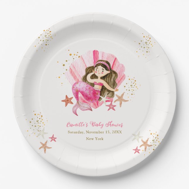 Pink Elegant Mermaid Ocean Starfish Baby Shower Paper Plates (Front)