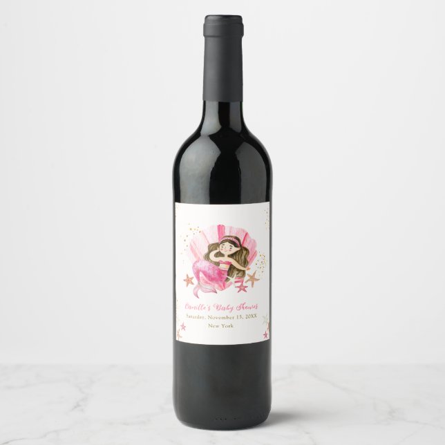 Pink Elegant Mermaid Ocean Starfish Baby Shower Wine Label (Front)