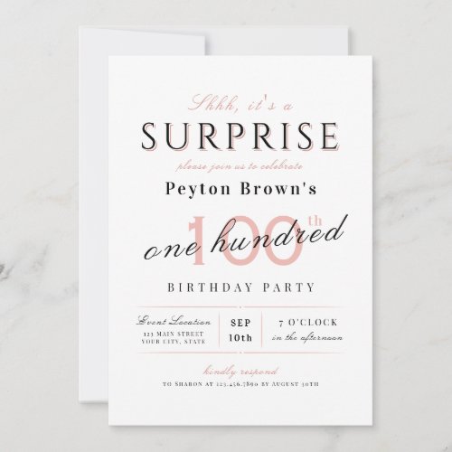 Pink elegant modern classy surprise 100th birthday invitation
