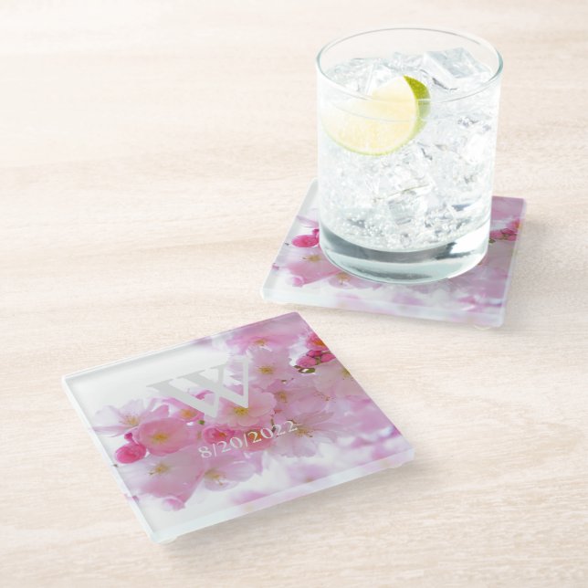 Pink Elegant Monogram Cherry Blossom Glass Coaster (Angled)