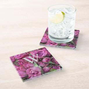 Pink Elegant Monogram Roses Glass Coaster