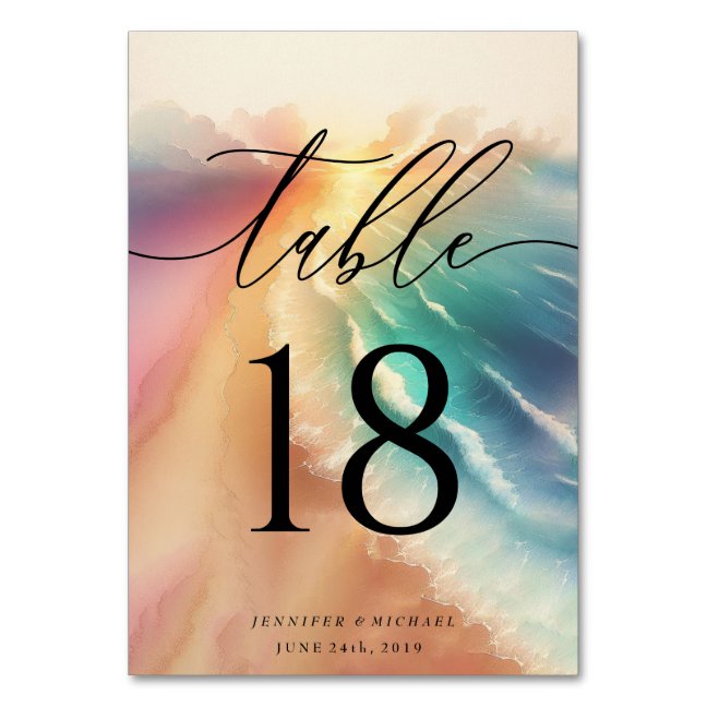 Pink Elegant Ocean Beach Summer Watercolor Table Number