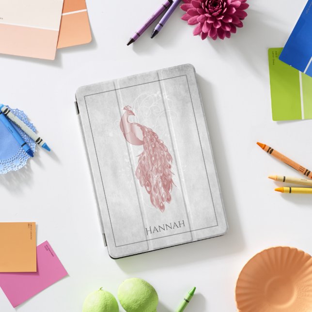 Pink Elegant Peacock Personalized iPad Pro Cover (Desk)