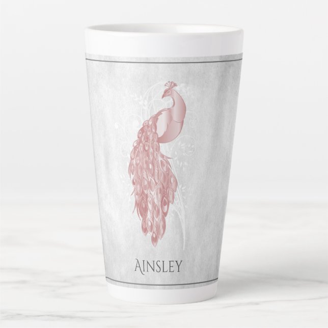 Pink Elegant Peacock Personalized Latte Mug (Front)