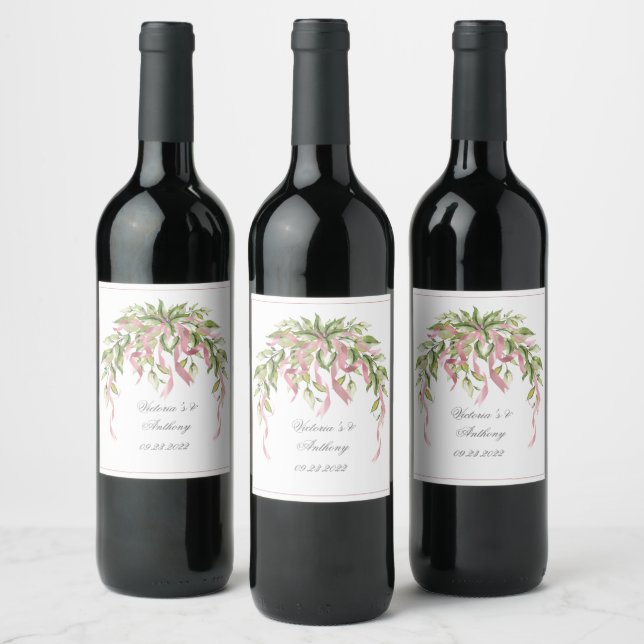 Pink Elegant Personalized Greenery Wedding Wine Label (Bottles)