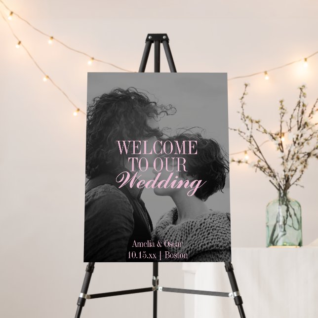 Pink Elegant Photo Overlay Wedding Welcome Sign (In Situ (Stand))