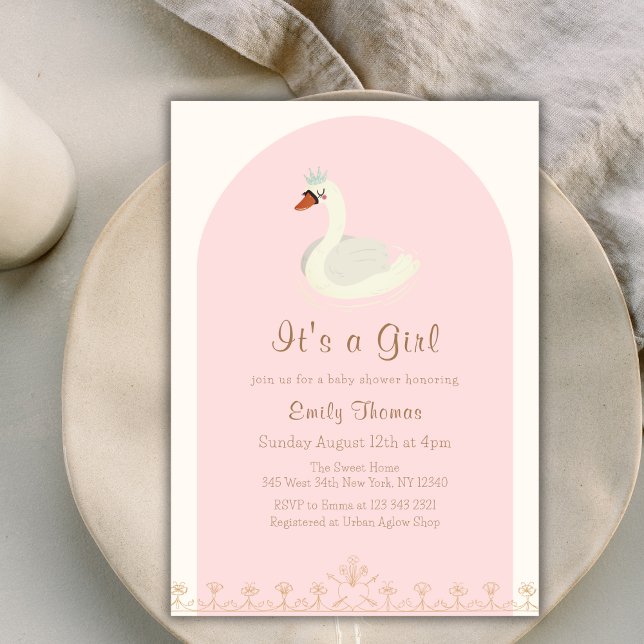 Pink Elegant Princess Swan Arch Baby Shower  Invitation (Pink Elegant Princess Swan Arch Baby Shower Invitation)