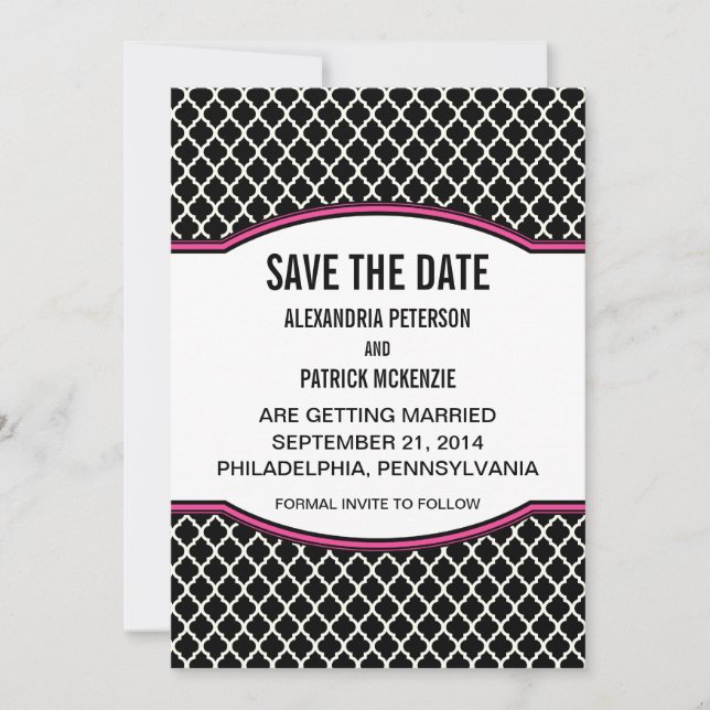 Pink Elegant Quatrefoil Save the Date Invite (Front)