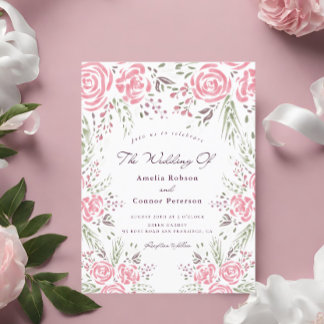 Pink Elegant Rose Romance Watercolor Invitation Postcard